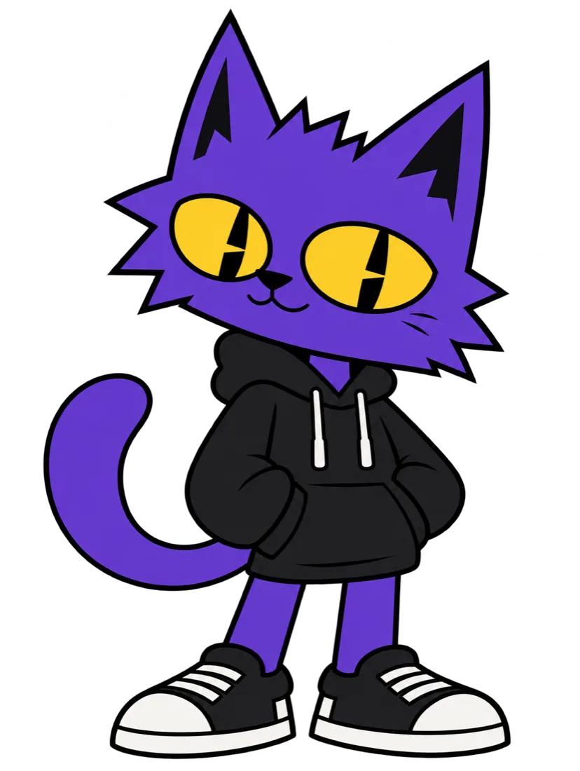 Mascota del sitio: un gato morado con polerón negro y zapatillas